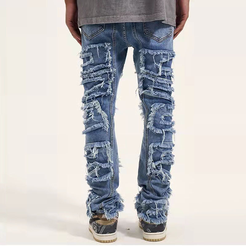 Retro Hole Ripped Distressed Jeans for Men Straight Washed Hip Hop Loose Denim Trousers Casual Male Stacked Jean Pants Men