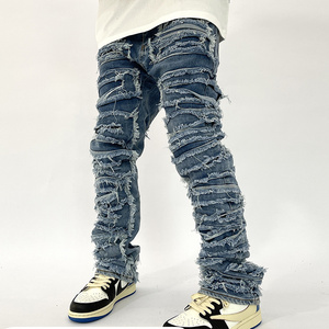 Retro Hole Ripped Distressed Jeans for Men Straight Washed Hip Hop Loose Denim Trousers Casual Male Stacked Jean Pants Men