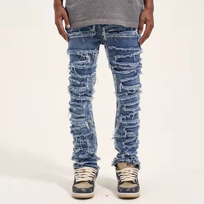 Retro Hole Ripped Distressed Jeans for Men Straight Washed Hip Hop Loose Denim Trousers Casual Male Stacked Jean Pants Men