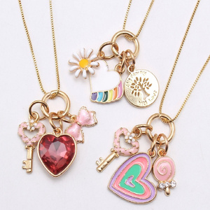 Hot Sale Cute Kids Jewelry Candy Color Enamel Pretty Heart Unicorn Charms Key Pendants Necklaces For Children