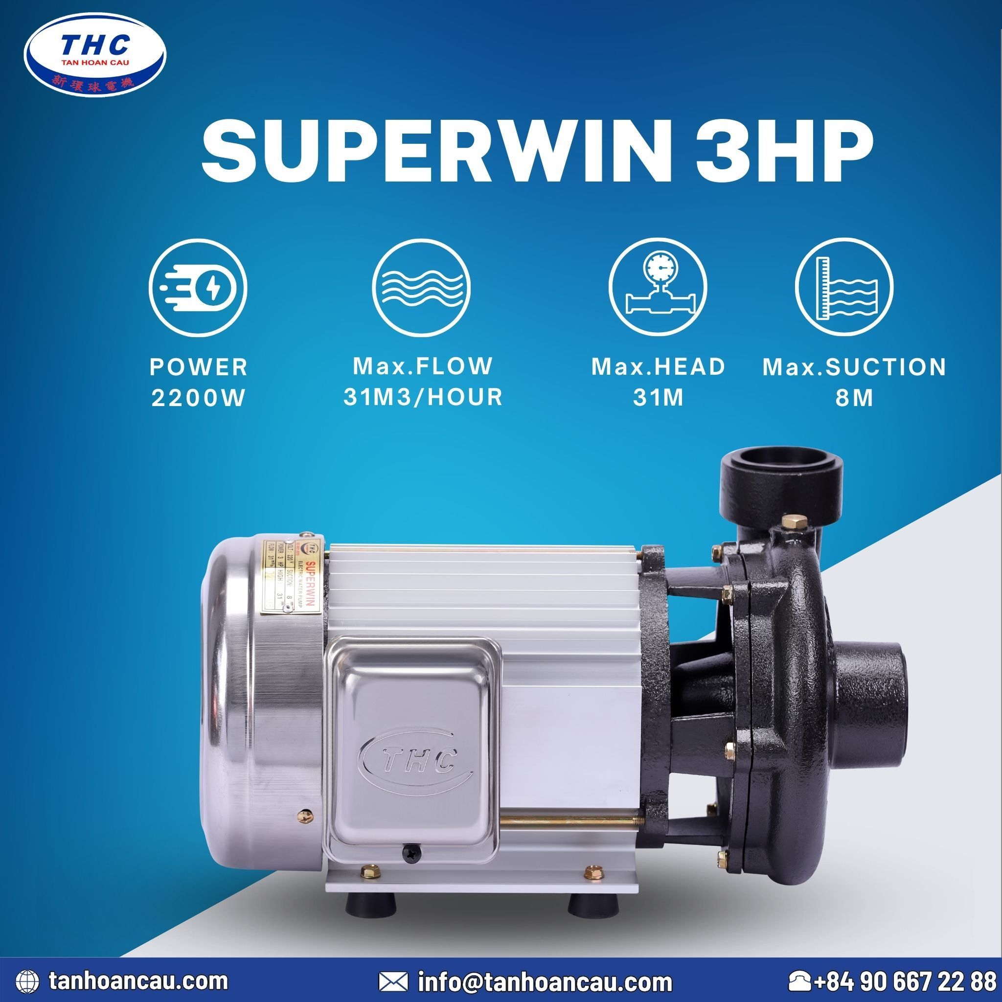 Electric Centrifugal Pump Structure 2200W 31m Maximum Head Superwin High Pressure Water Pump 3HP With 2 Years Warranty