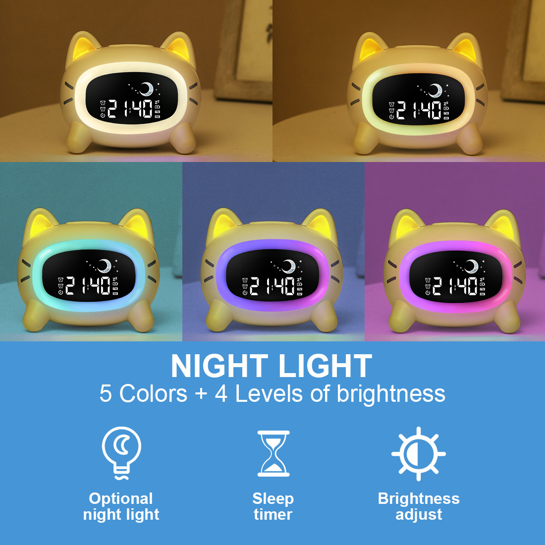 Small Lamp led digital travel simple rabbit kids alarm clock desk multifunctional night Lights decor moon for children