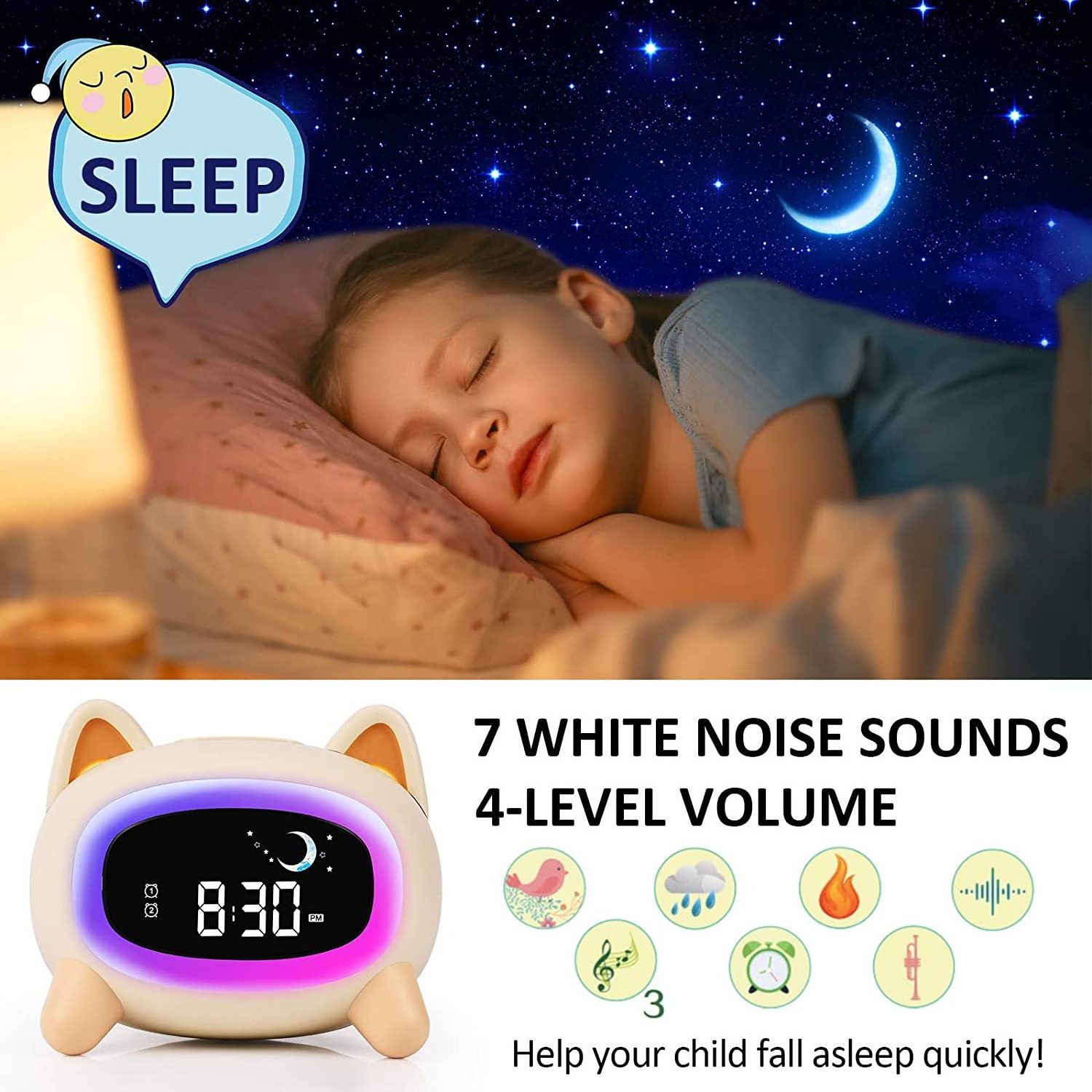 Sleep trainer wake up light sunrise alarm clock for kids small alarm clock 7 color changing can be a night light