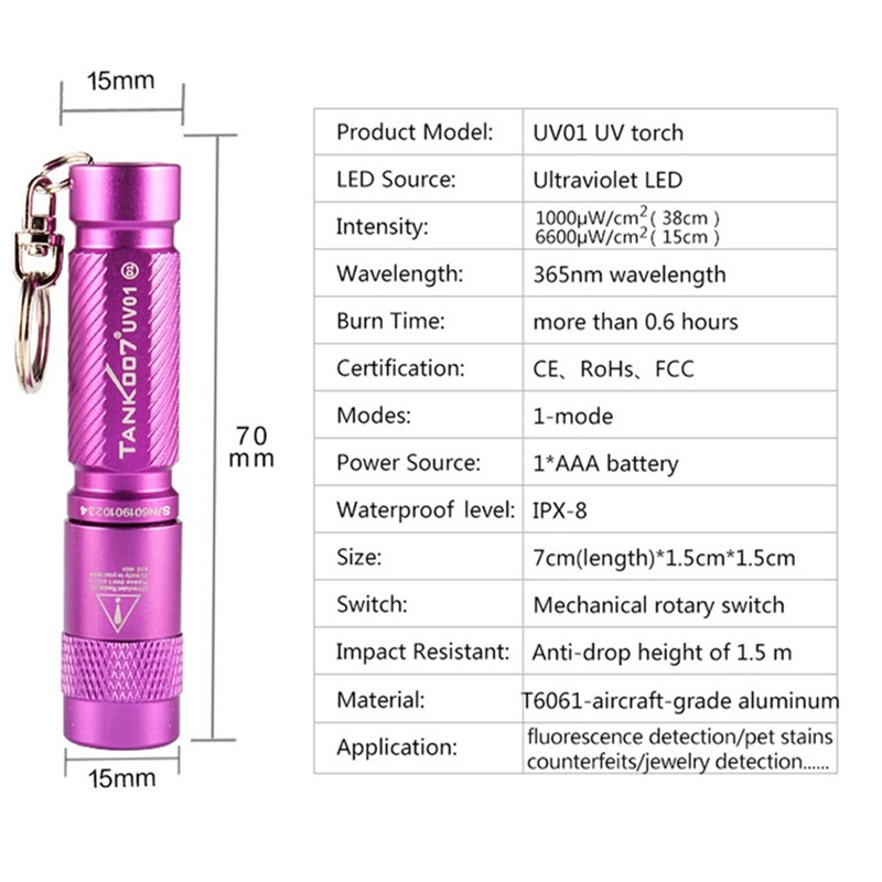 Tank007 UV01 Promotional mini gifts 365nm black light torch uv 365 nm flashlight mini uv light with keychain