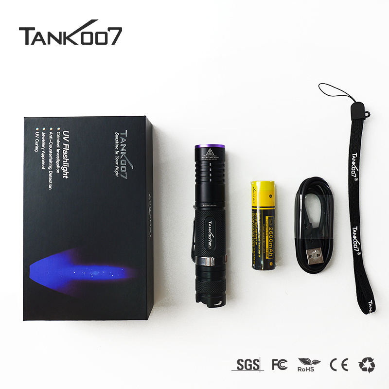 Tank007 waterproof 365nm forensic uv inspection torch long distance uv curing fluorescence detection led uv tactical flashlight