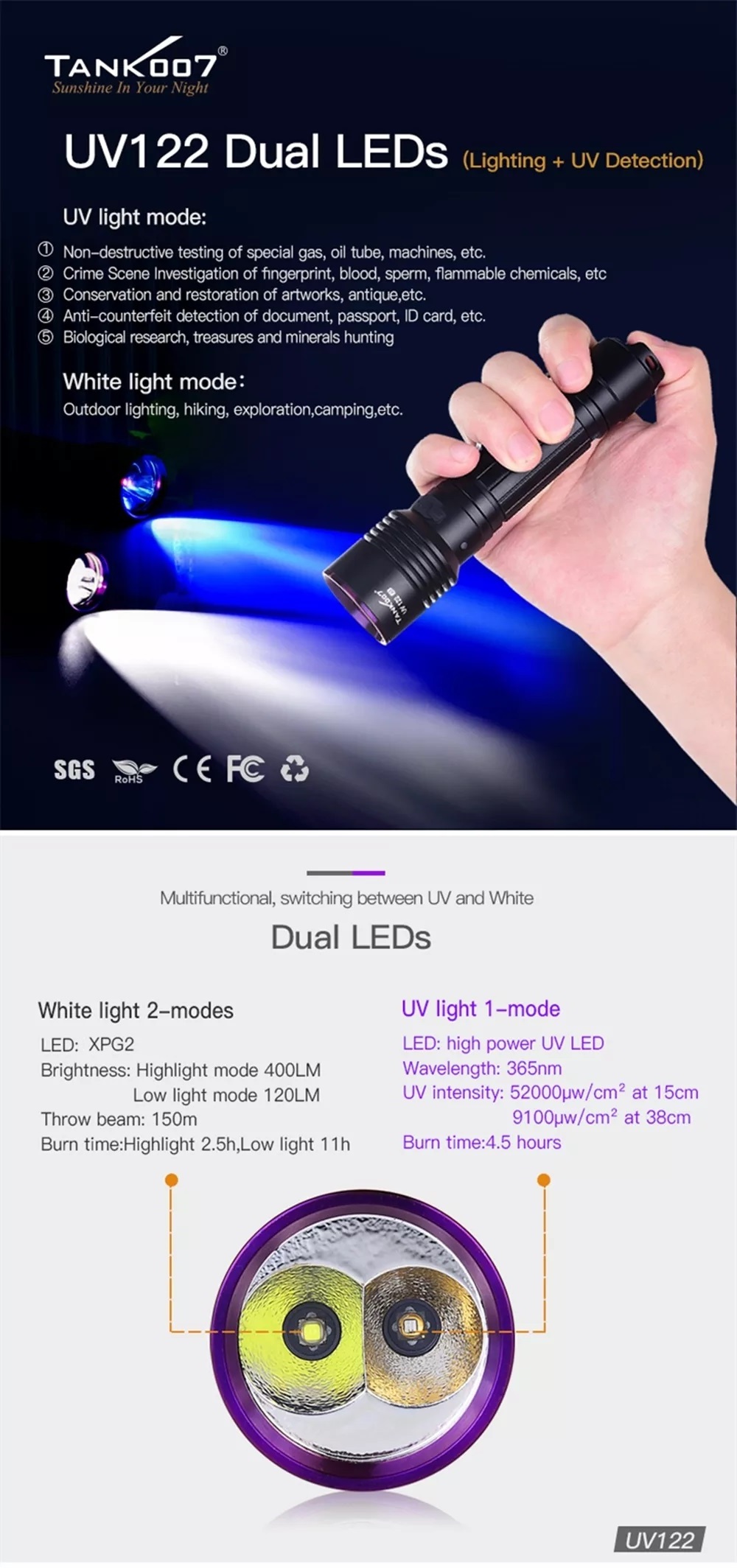 Tank007 treasures search torch Dual LED flashlight uv lamp 365nm black light refrigerant leaks linterna uv detection flashlight