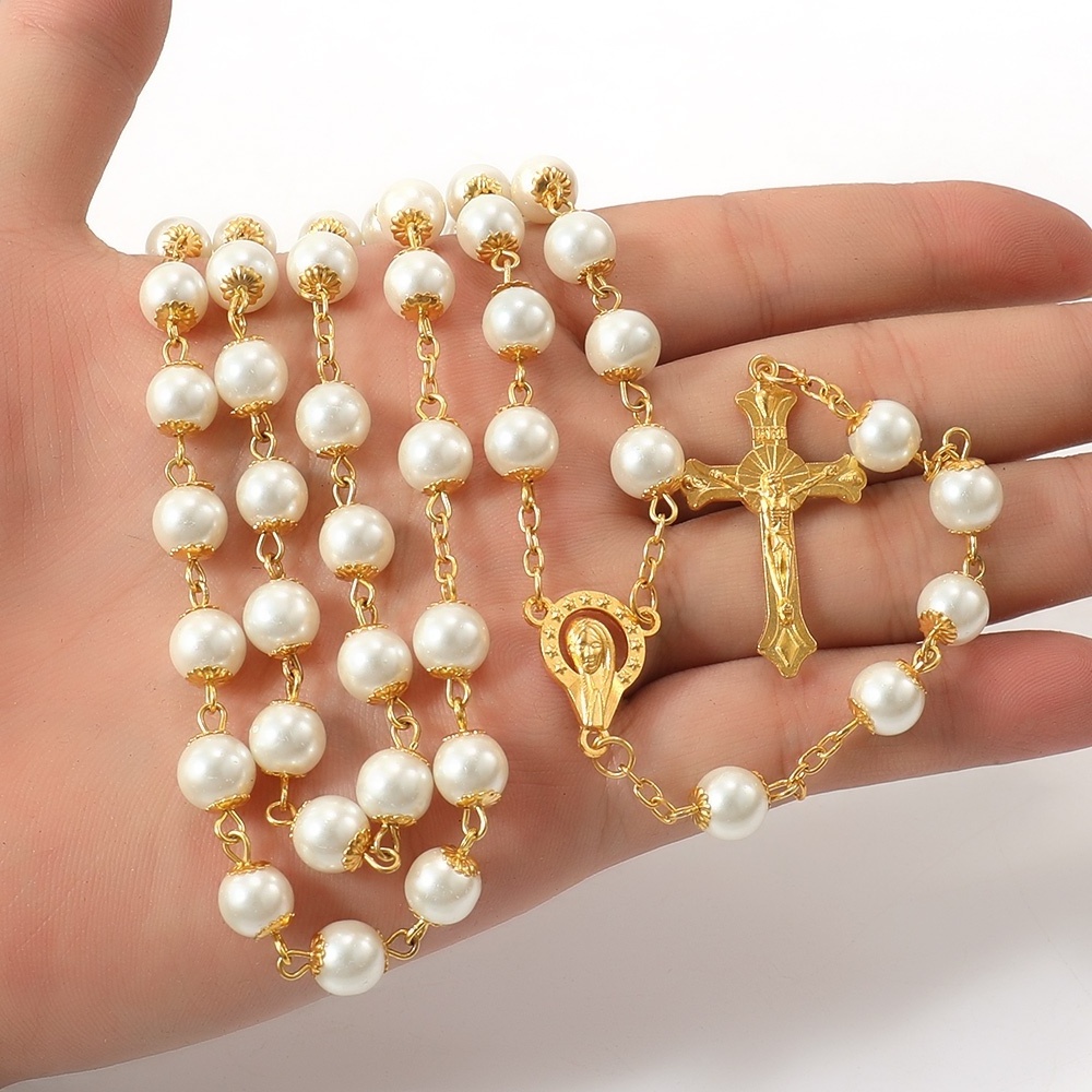 Gold Plated Catholic Rosary Glass Beads Pearl Beaded Necklace Rosary Miraculous Medal Jesus Cross Rosaries for Blessing Hanging