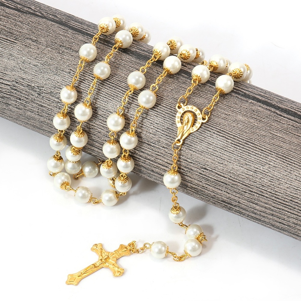 Gold Plated Catholic Rosary Glass Beads Pearl Beaded Necklace Rosary Miraculous Medal Jesus Cross Rosaries for Blessing Hanging