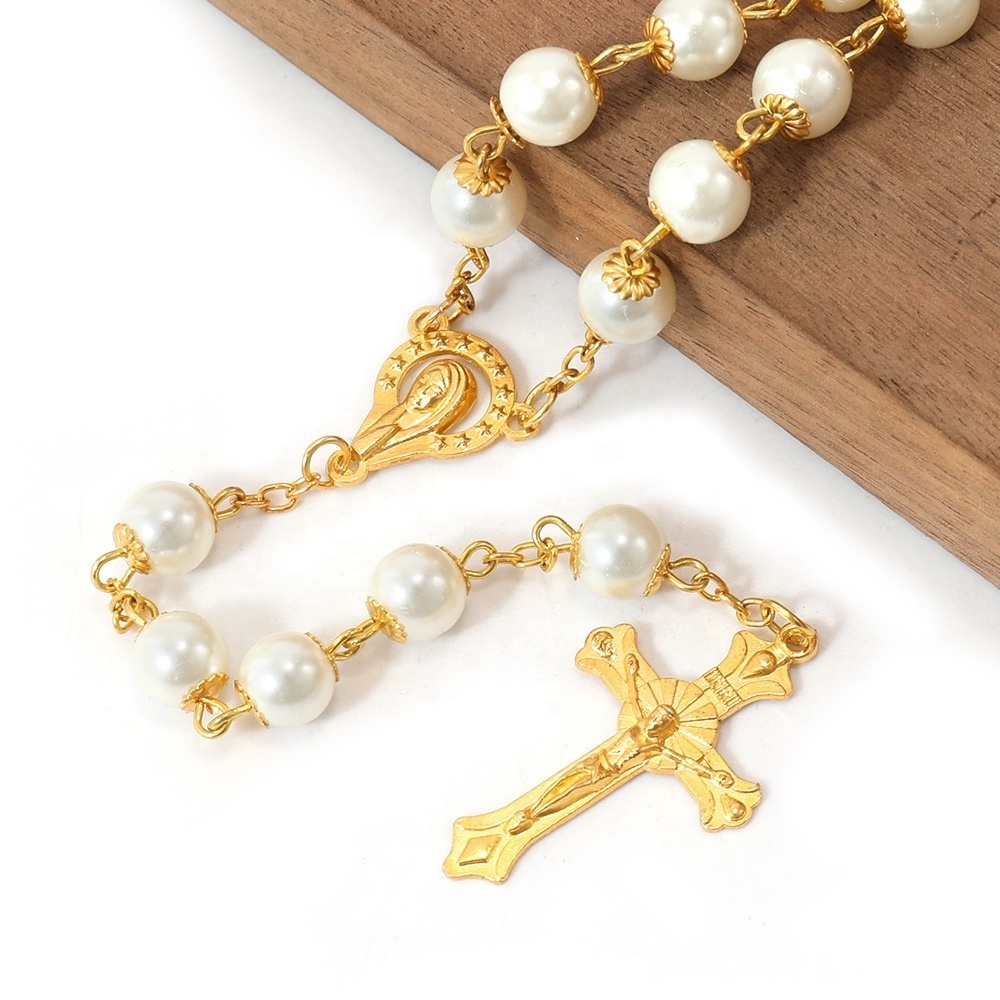 Gold Plated Catholic Rosary Glass Beads Pearl Beaded Necklace Rosary Miraculous Medal Jesus Cross Rosaries for Blessing Hanging