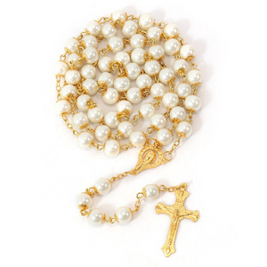 Gold Plated Catholic Rosary Glass Beads Pearl Beaded Necklace Rosary Miraculous Medal Jesus Cross Rosaries for Blessing Hanging