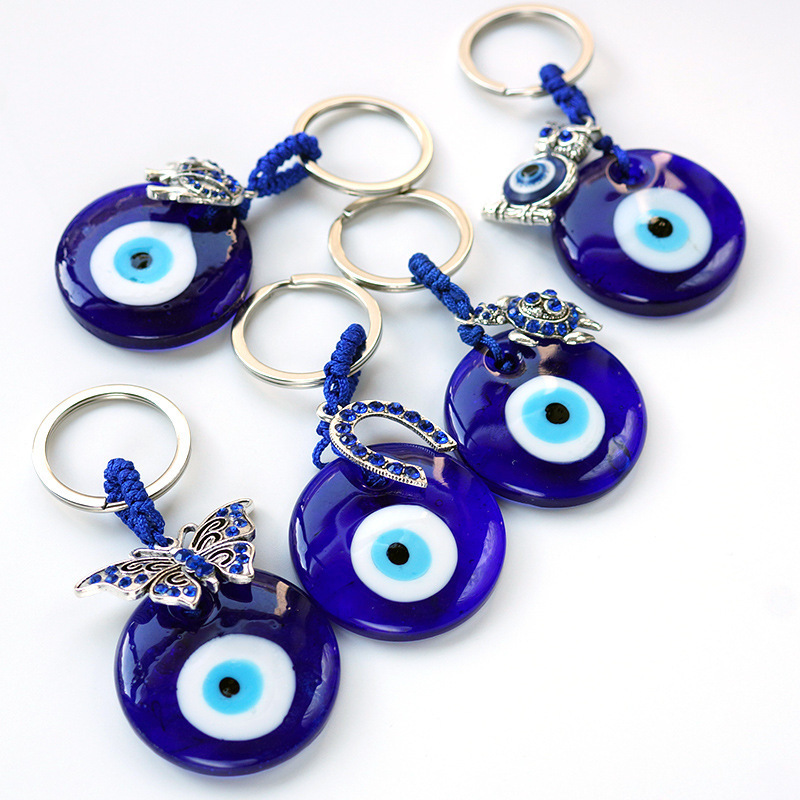 Glass Charms Pendants Crafting Keychain Owl Butterfly Elephant Turtle Hanging Ornament Jewelry Turkish Blue Evil Eye Keychain