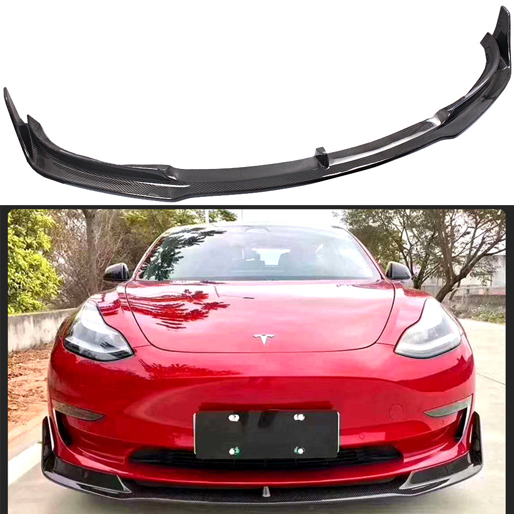 Car Parts Fits For Tesla Model 3 Sedan 2017-2021 Front Bumper Lip Chin Spoiler Real Carbon