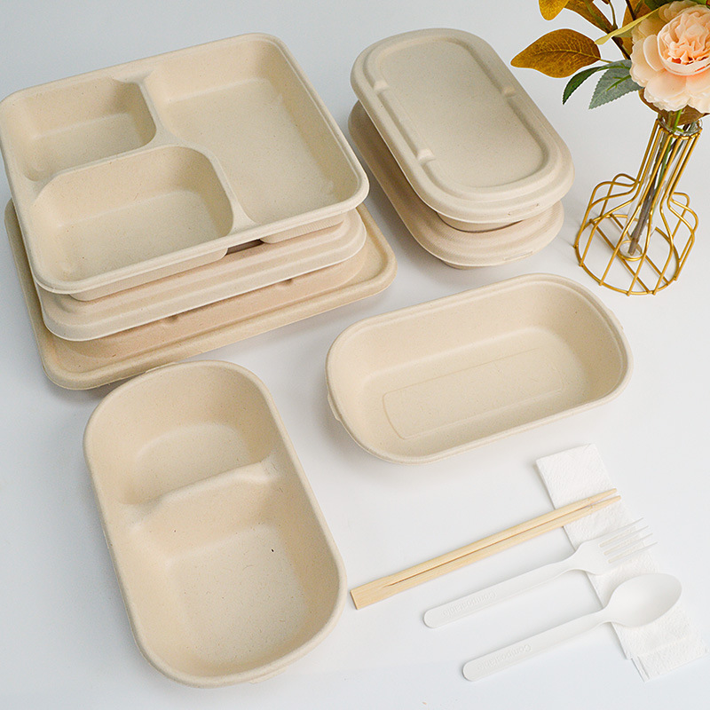 Disposable Take Away 5 Compartment Rectangle Tray Sugarcane Bagasse Plates With Lid