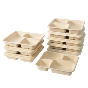 Disposable Take Away 5 Compartment Rectangle Tray Sugarcane Bagasse Plates With Lid