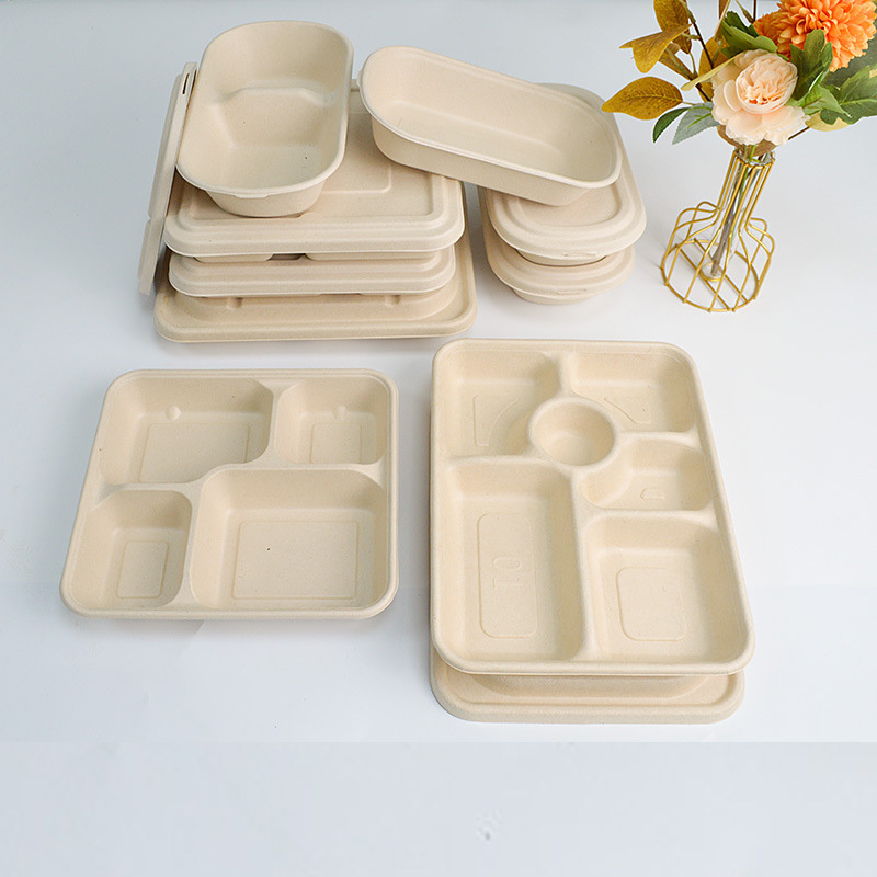 Disposable Take Away 5 Compartment Rectangle Tray Sugarcane Bagasse Plates With Lid