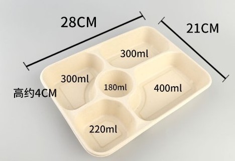 Disposable Take Away 5 Compartment Rectangle Tray Sugarcane Bagasse Plates With Lid