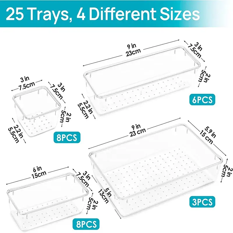 Versatile Bathroom Vanity Drawer Organizer Trays Jewelry Organizer 4-Size 25 Pcs Clear Plastic Drawer Organizers Set