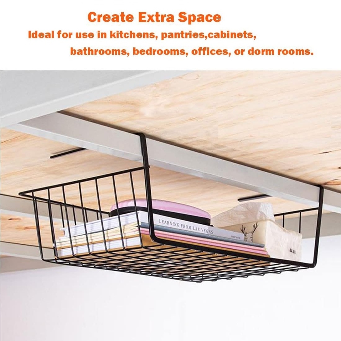 Under Shelf Hanging Storage Basket, Under Cabinet Additional Storage Slide-In Kitchen Pantry Desk Bookshelf Storage Basket-Small