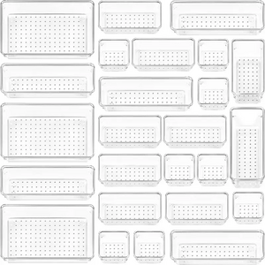 Versatile Bathroom Vanity Drawer Organizer Trays Jewelry Organizer 4-Size 25 Pcs Clear Plastic Drawer Organizers Set