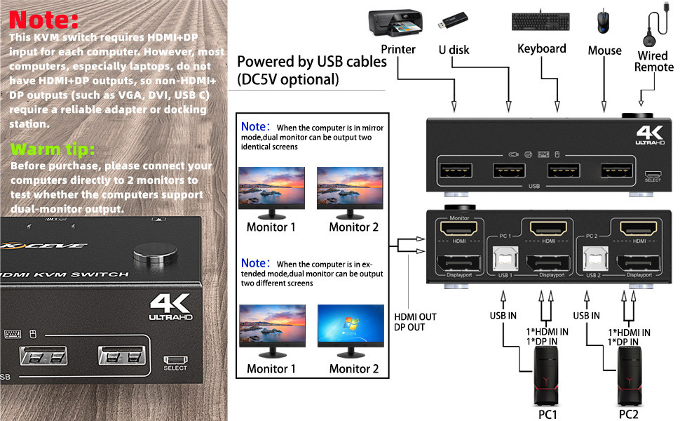 DP dual-channel KVM switch 2-Switch 2-PC host DP interface keyboard mouse shared display