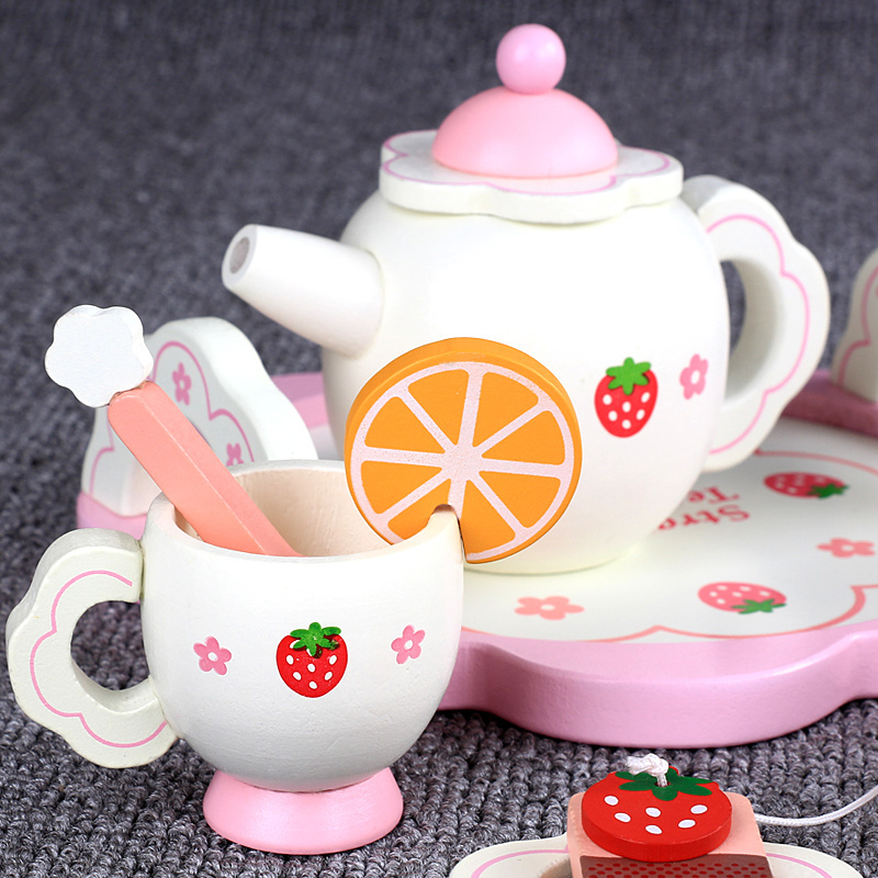 Children wooden kitchen play house toy afternoon tea set tea kettle dessert set birthday gift for girls