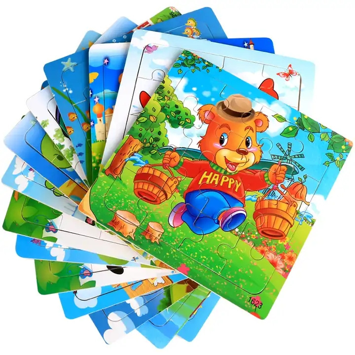 16PCS Wooden Cartoon Animal Jigsaw Puzzle Game Baby Early Educational Montessori Learning Toys for Kids Toddlers Boys and Girls