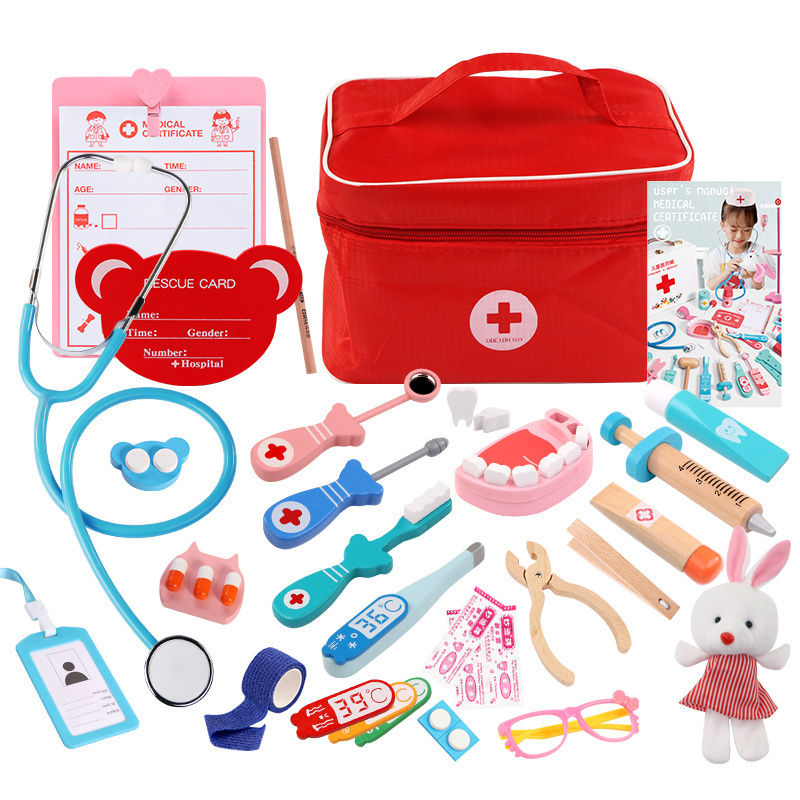 special offer Children wooden simulation cloth bag medicine box baby boys and girls play home doctor auscultation injection toys