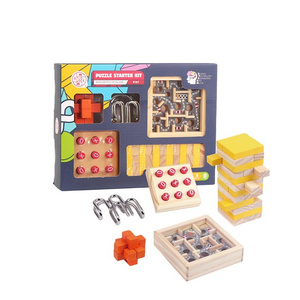 factory direct sale metal puzzle 3d wooden puzzle kongming luban lock toys mind games 5 in 1 game set Suitable for boys and girl