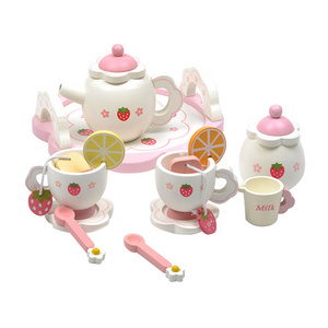 Children wooden kitchen play house toy afternoon tea set tea kettle dessert set birthday gift for girls