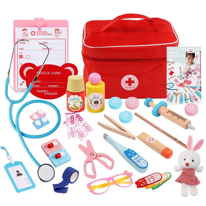 special offer Children wooden simulation cloth bag medicine box baby boys and girls play home doctor auscultation injection toys