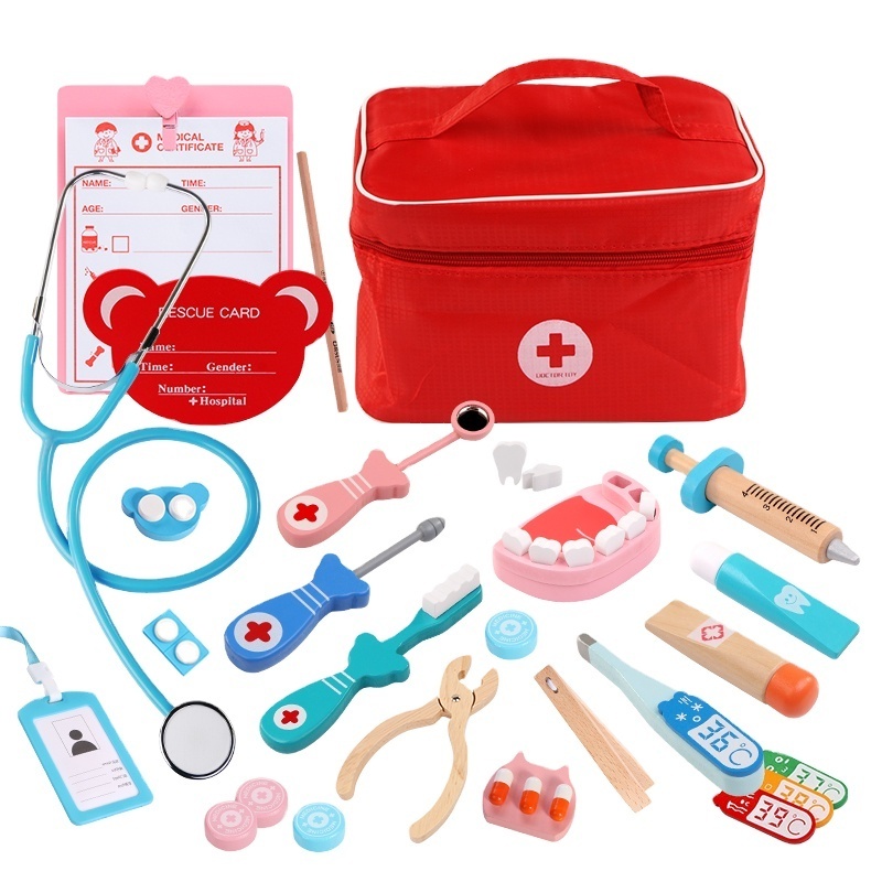 special offer Children wooden simulation cloth bag medicine box baby boys and girls play home doctor auscultation injection toys