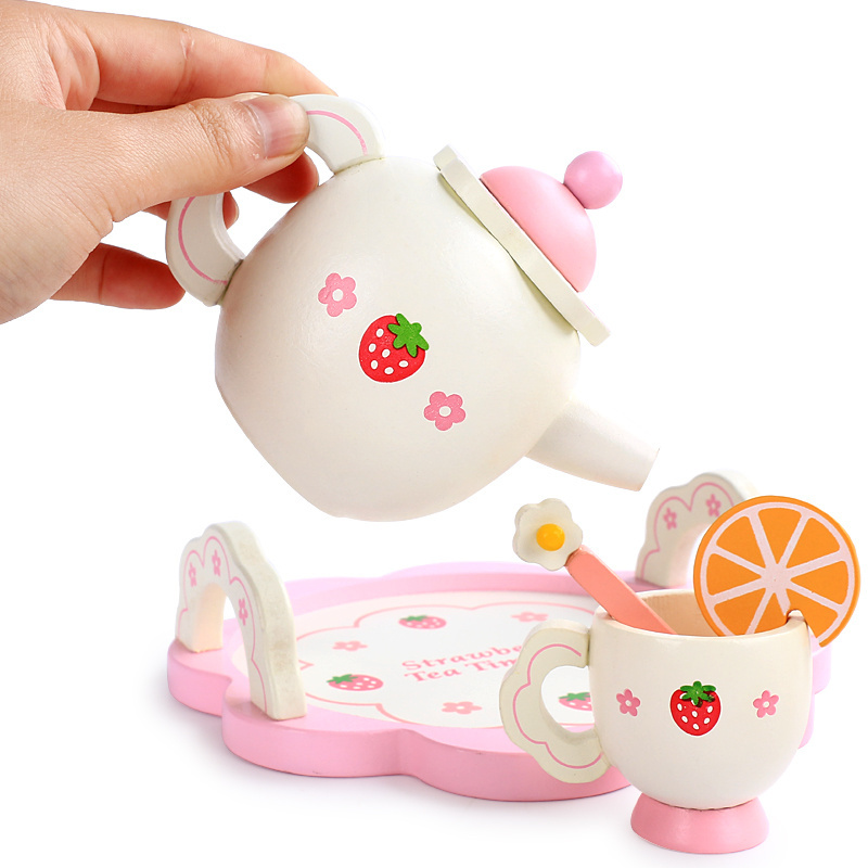 Children wooden kitchen play house toy afternoon tea set tea kettle dessert set birthday gift for girls