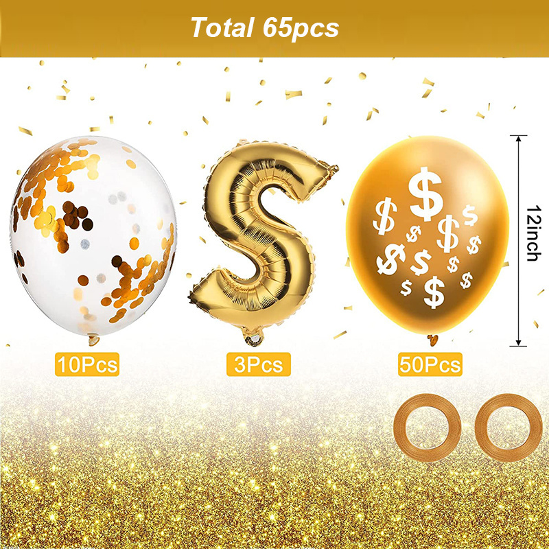 65pcs Money Dollar Sign Balloons Money Theme Party Decorations Kit Gold Confetti Balloons Currency Symbol Latex Balloons