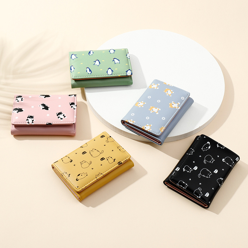 TAOMICMIC lucky dog print cute mini wallet leather women money clip small 3 folding clutch purse