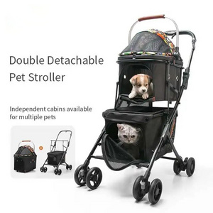 Wholesale 4 Wheels Folding Pet Trolley Dogs Cats Double Decker Traveling Pet Stroller Large Storage