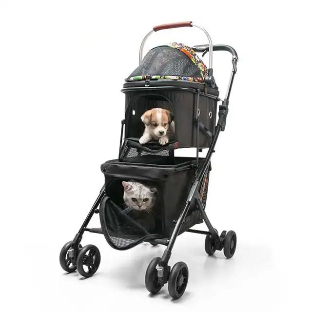 Wholesale 4 Wheels Folding Pet Trolley Dogs Cats Double Decker Traveling Pet Stroller Large Storage