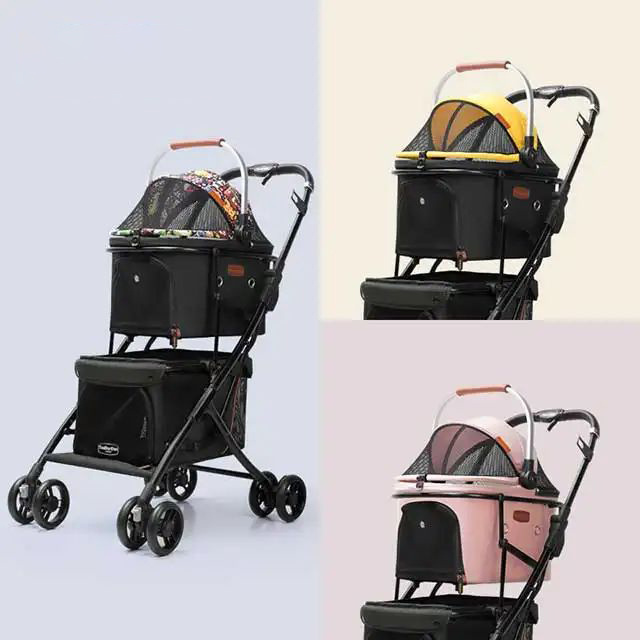 Wholesale 4 Wheels Folding Pet Trolley Dogs Cats Double Decker Traveling Pet Stroller Large Storage