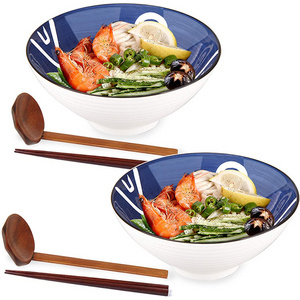 40 Ounce Ceramic Japanese Ramen Noodle Soup Bowl with Matching Spoon and Chopsticks for Noodles 2 Sets