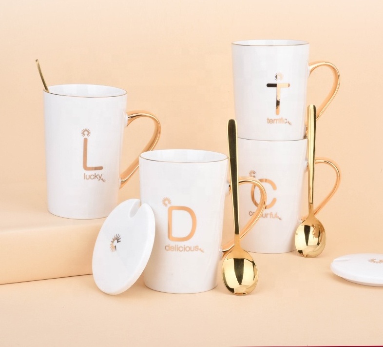 High quality English Alphabet Mug  Romantic Drawing Gold Water mug Couple Coffee Cup-Letter  Cup promotion gift mug