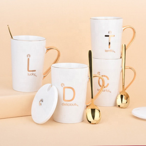 High quality English Alphabet Mug  Romantic Drawing Gold Water mug Couple Coffee Cup-Letter  Cup promotion gift mug