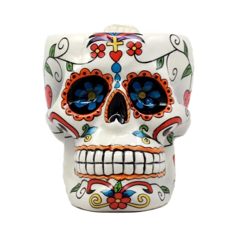 Collectibles White Day of The Dead Crucifix Sugar Skull Mug In Bright Vivid Colors Drink Coffee Cup Ceramic