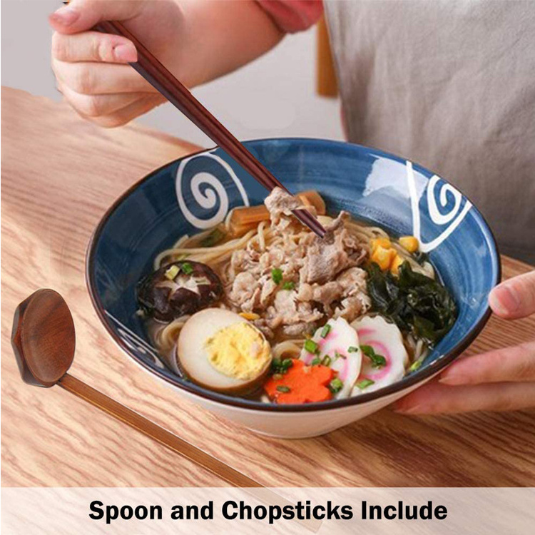 40 Ounce Ceramic Japanese Ramen Noodle Soup Bowl with Matching Spoon and Chopsticks for Noodles 2 Sets