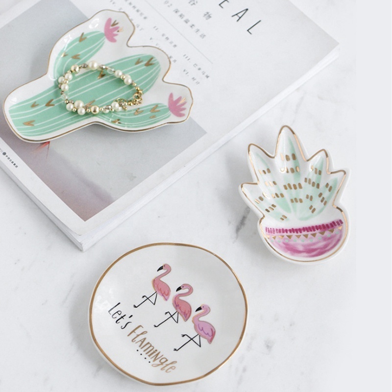 Small Hamsa Sun Hand Flamingo Cactus Pineapple Crown Ceramic Dish Plate Decorative Jewelry Trinket Dish Necklace Storage Tray