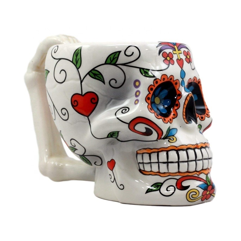 Collectibles White Day of The Dead Crucifix Sugar Skull Mug In Bright Vivid Colors Drink Coffee Cup Ceramic