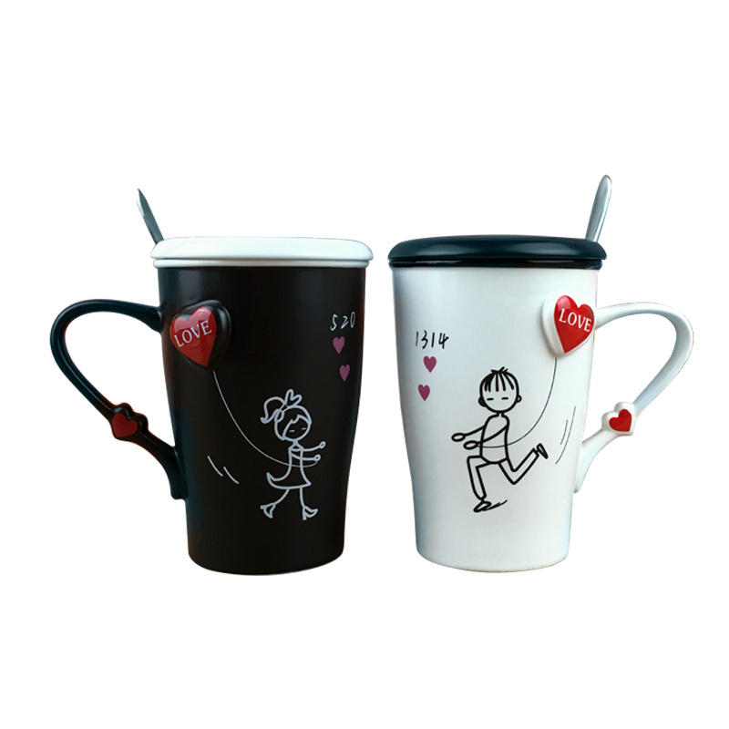 Valentines day mug ceramic tall couple mug with lid and spoon in gift packaging for gift