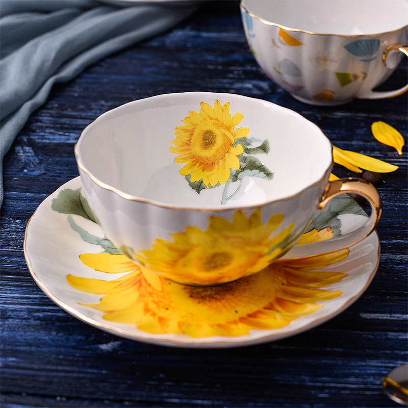 Creative sunflower coffee cup and saucer set home office flower cup English style gold edge bone china cup custom logo