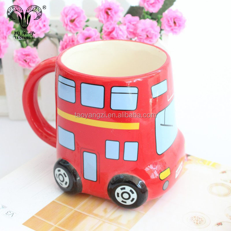 eco-friendly and safety cartoon colorful bus shape ceramic milk mug for children