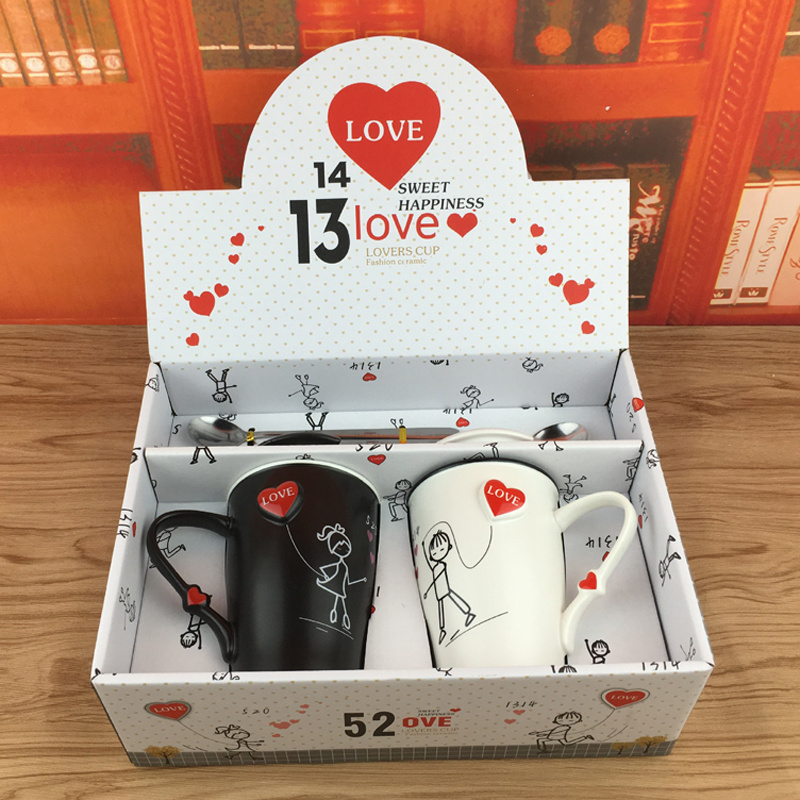 Valentines day mug ceramic tall couple mug with lid and spoon in gift packaging for gift