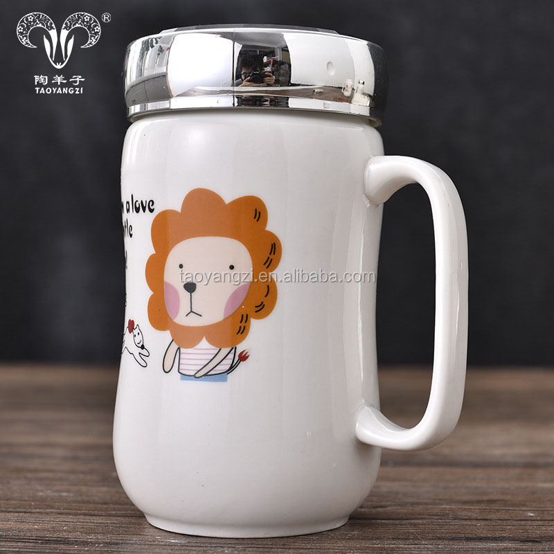 customized cute cartoon design ceramic thermos cup with handle