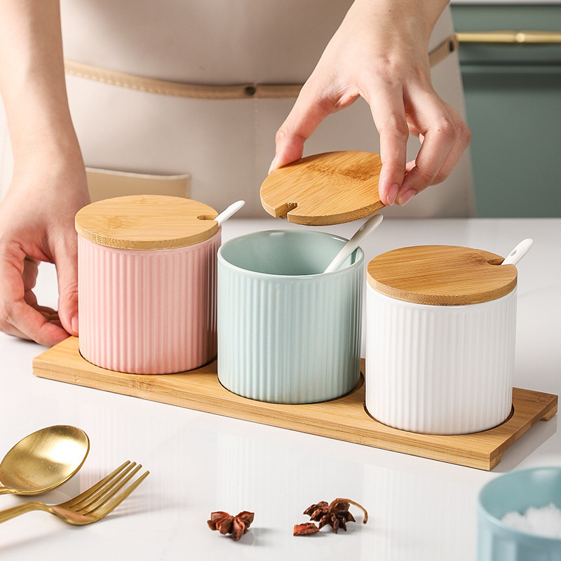 White ceramic kitchen ware condiment set spice jar with bamboo lids and tray